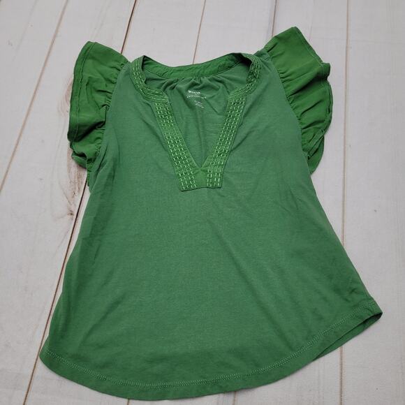 Maeve Anthropologie green flutter cap sleeve top blouse V neck stitched - Picture 2 of 8
